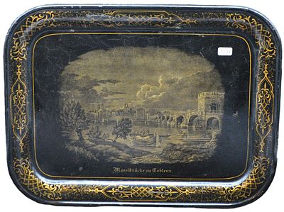 Kleines Blechtablett. rechteckig, gold verzierter Rand, Spiegel mit der "Moselbr&uuml;cke zu Coblenz" 
