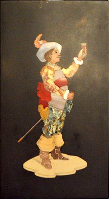 Intarsienbild auf Schieferplatte. mit Darstellung eines Edelmannes, beim Wein trinken, mit 