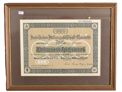 Aktie im Rahmen. Aktie Autounion 1932, Auto-Union-Aktiengesellschaft-Chemnitz, Aktie &uuml;ber 1000 