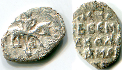 Серпухов. Семён Владимирович. Полуденга. 1422-1426 г.г. Редкая монета с востроносым всадником 