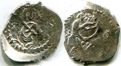 Ростов. Фёдор Андреевич. Денга. 1412-1415 г.г. Очень редкая монета, князь на троне с мечом на 