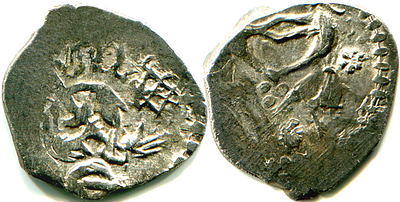 Ростов. Фёдор Андреевич. Денга. 1412-1415 гг. Очень редкая монета, князь в треугольной шапке на 