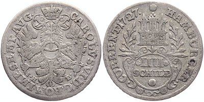 4 шиллинга 1727 года. Германия. Гамбург. VF-XF. 4 шиллинга 1727 года. Германия. Гамбург. Серебро 