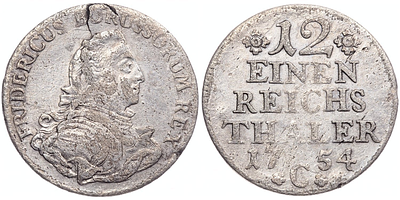 1/12 талера 1754 года. Германия. Пруссия. Фридрих II. "C". VF-. 1/12 талера 1754 года. Германия. 
