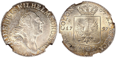 4 гроша 1797 года. Германия. Пруссия. Фридрих Вильгельм II. А. ННР MS64. ТОП-Грейд. 4 гроша 1797 