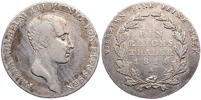 1 рейхсталер 1816 года. Германия. Пруссия. Фридрих Вильгельм III. "А". XF-. 1 рейхсталер 1816 