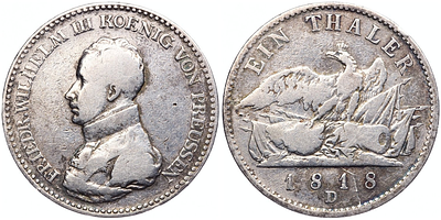 Талер 1818 года. Германия. Пруссия. Фридрих Вильгельм III. "D". VF. Талер 1818 года. Германия. 