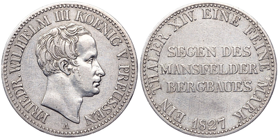 Талер 1827 года. Германия. Пруссия. Фридрих Вильгельм III. Надпись на реверсе. "A". XF. Талер 