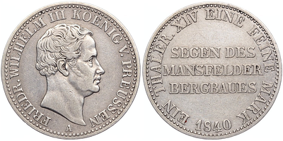 1 рейхсталер 1840 года. Германия. Пруссия. Фридрих Вильгельм III. Надпись на реверсе. "A". XF. 1 