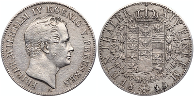 Талер 1844 года. Германия. Пруссия. Фридрих Вильгельм IV. "A". XF-. Талер 1844 года. Германия. 