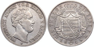 Талер 1848 года. Германия. Саксония. Фридрих Август II. "F". XF. Талер 1848 года. Германия. 