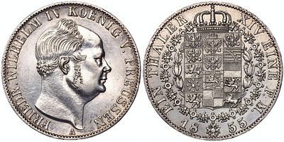 Талер 1855 года. Пруссия. Фридрих Вильгельм IV. Герб на реверсе. "А". AU-UNC. Талер 1855 года. 