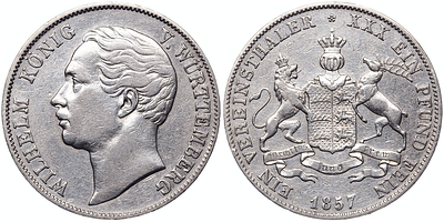 1 союзный талер 1857 года. Германия. Вюртемберг. XF. 1 союзный талер 1857 года. Германия. 