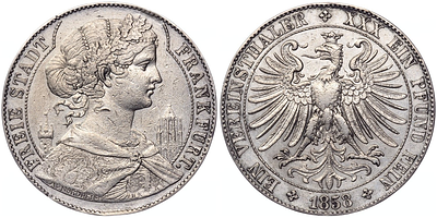 1 союзный талер 1858 года. Германия. Франкфурт. XF. 1 союзный талер 1858 года. Германия. 