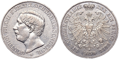 Талер 1859 года. Германия. Шварцбург-Зондерсгаузен. "А". XF. Талер 1859 года. Германия. 