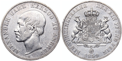 1 союзный талер 1859 года. Германия. Ангальт-Бернбург. "A". XF. 1 союзный талер 1859 года. 