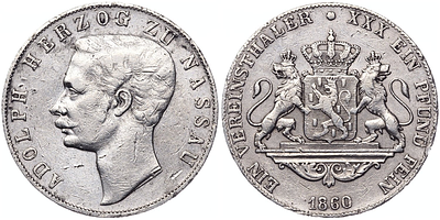 1 союзный талер 1860 года. Германия. Нассау. Адольф. ХF. 1 союзный талер 1860 года. Германия. 