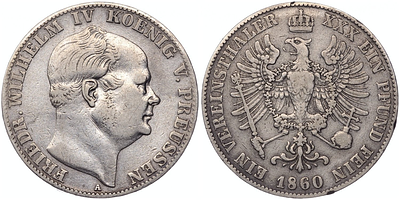 1 союзный талер 1860 года. Пруссия. Фридрих Вильгельм IV. "А". XF. 1 союзный талер 1860 года. 