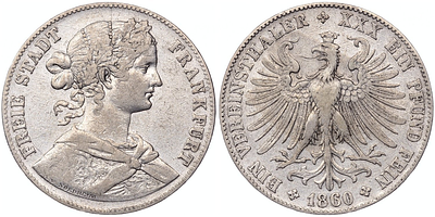 1 союзный талер 1860 года. Германия. Франкфурт. XF+. 1 союзный талер 1860 года. Германия. 