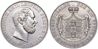 1 союзный талер 1860 года. Германия. Липпе. Леопольд III. "A". ХF. 1 союзный талер 1860 года. 