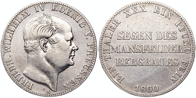 1 талер 1860 года. Германия. Пруссия. Фридрих Вильгельм IV. Надпись на реверсе. "А". XF. 1 талер 