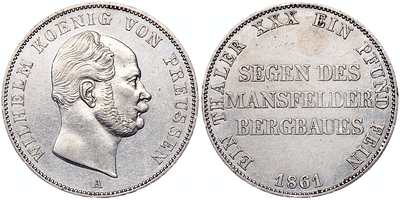 1 союзный талер 1861 года. Пруссия. Вильгельм I. А. "Горный". AU. 1 талер 1861 года. Пруссия. 