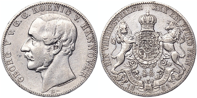 1 союзный талер 1861 года. Германия. Ганновер. Георг V. "В". XF. 1 союзный талер 1861 года. 