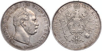 1 союзный талер 1861 года. Германия. Пруссия. Вильгельм I. aUNC. 1 союзный талер 1861 года. 