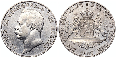 Талер 1862 года. Германия. Гессен-Дармштадт. Людвиг III. XF+. Талер 1862 года. Германия. 