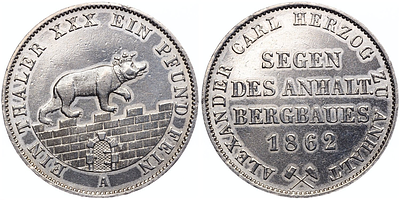 Талер 1862 года. Германия. Ангальт-Бернбург. Александр Карл. "А". XF. Талер 1862 года. Германия. 