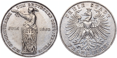 Талер 1862 года. Германия. Франкфурт. Немецкий фестиваль стрельбы. XF-AU. Талер 1862 года. 