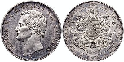 1 союзный талер 1863 года. Германия. Саксония. Иоганн. Герб со львами на реверсе. В. AU. 1 