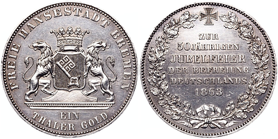 Талер 1863 года. Германия. Бремен. 50 лет освобождению Германии. UNC. Талер 1863 года. Германия. 