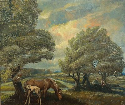 B. Exner - B. Exner - Landscape with horses, 1946. B. Exner | 20th Century Landscape with Horses 