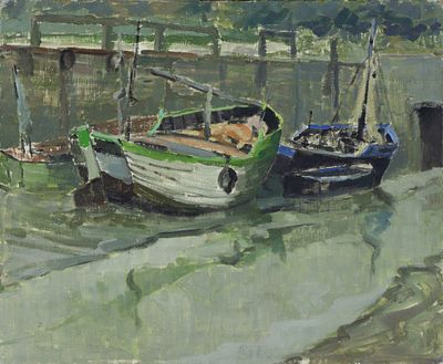20th Century French School - Boats in the Harbor. 20th Century French School | France “Boats in the 