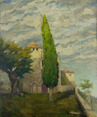 20th Century French School - Landscape with Church and Cypress. 20th Century French School | France 