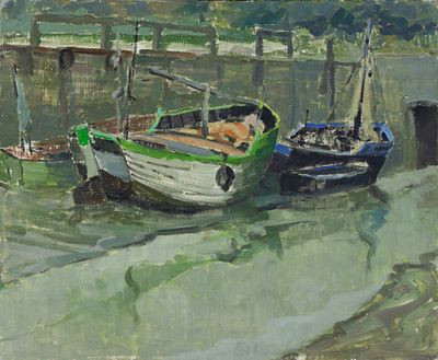 20th Century French School - Boats in the Harbor. 20th Century French School | France Oil on 
