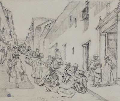 Henry Sene (1889-1961) - Street Market Scene. Henry Séné (1889–1961) | France Charcoal on 