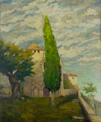 20th Century French School - Landscape with Church and Cypress. 20th Century French School | 