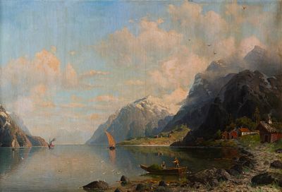19th Century School - Fjord Landscape with Figures. 19th Century School | Fjord Landscape with 