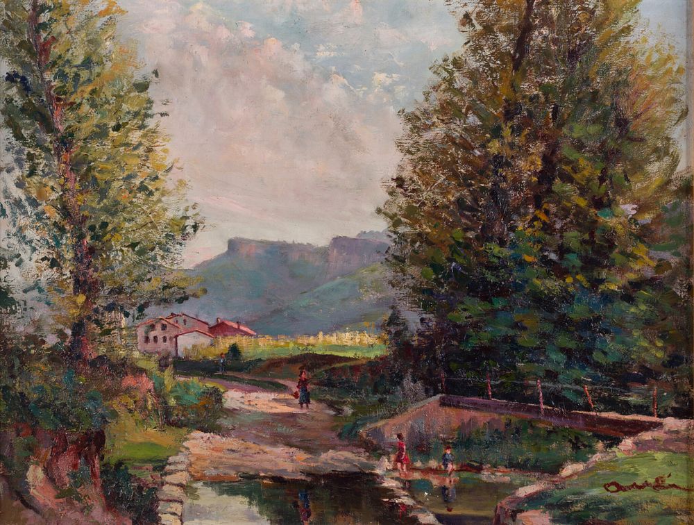 20th Century Catalan School - Landscape with Figures and Village. 20th Century Catalan School | 