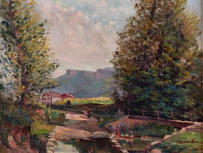 20th Century Catalan School - Landscape with Figures and Village. 20th Century Catalan School | 