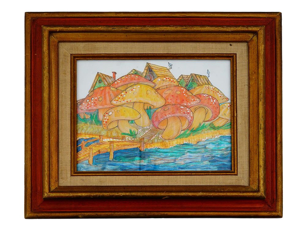 CHARLES BIBBS MUSHROOM VILLAGE MIXED MEDIA 1976. This original mixed media painting by renowned 