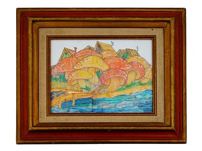 CHARLES BIBBS MUSHROOM VILLAGE MIXED MEDIA 1976. This original mixed media painting by renowned 