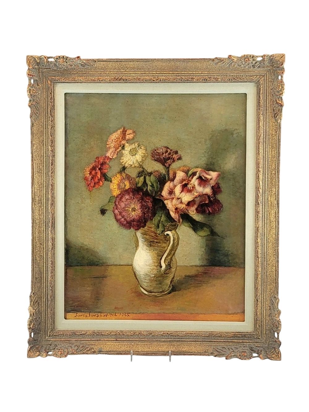 SIMKA SIMKHOVICH 1935 OIL ON CANVAS STILL LIFE FLOWERS. This 1935 oil on canvas still life 