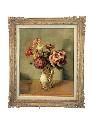 SIMKA SIMKHOVICH 1935 OIL ON CANVAS STILL LIFE FLOWERS. This 1935 oil on canvas still life 