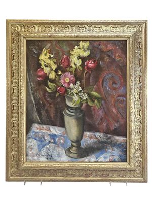 ABRAHAM BAYLINSON RUSSIAN MODERNIST OIL STILL LIFE 1934. This vibrant original oil on canvas 