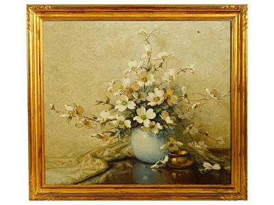 AUBREY DALE GREER OIL PAINTING DOGWOOD STILL LIFE. This luminous oil on canvas by celebrated 