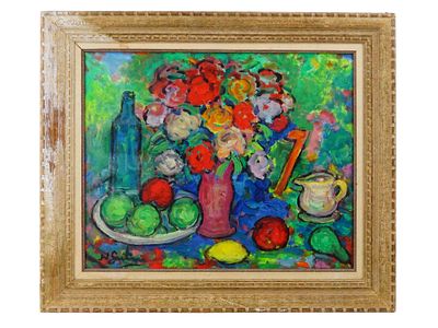 NATHAN GUTMAN POST IMPRESSIONIST FLORAL STILL LIFE. This vibrant oil on canvas by French-Polish 