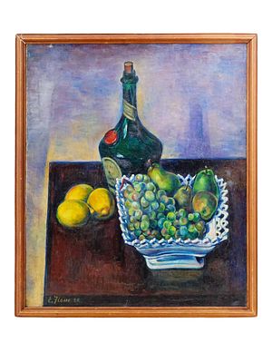 ERNEST FIENE 1922 STILL LIFE WITH FRUIT AND BOTTLE. This significant 1922 oil on canvas by 